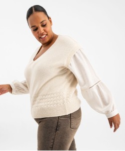 Pull col V à manches blouse effet 2-en-1 femme grande taille